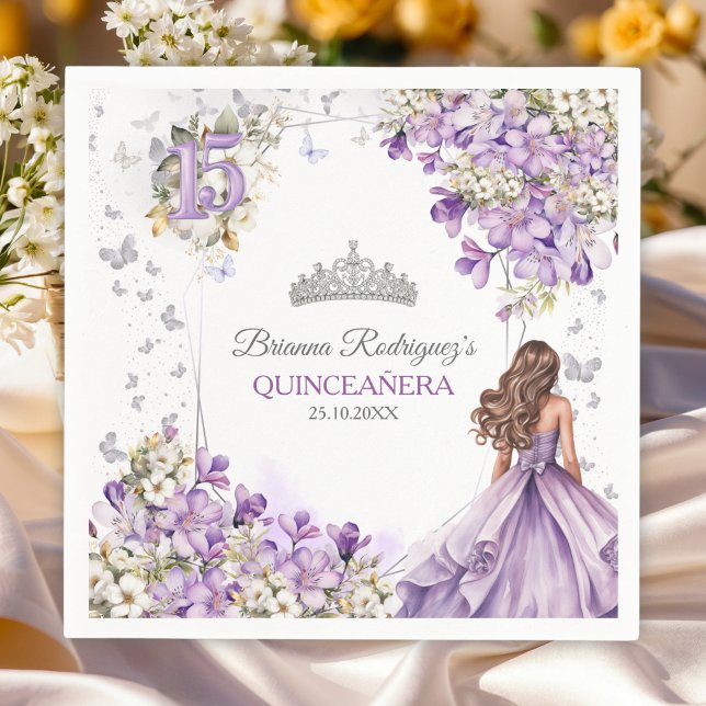 Lavendel Silver Tiara Blommig Fjäril Quinceañera Pappersservett (Skapare uppladdad)