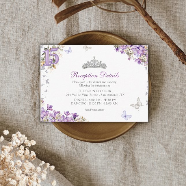 Lavendel Silver Tiara Blommig Fjäril Quinceañera Tilläggskort (Skapare uppladdad)
