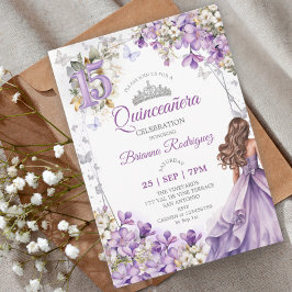 Lavendel Silver Tiara Blommig Quinceañera Inbjudningar
