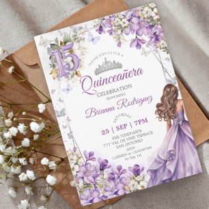 Lavendel Silver Tiara Blommig Quinceañera Inbjudningar