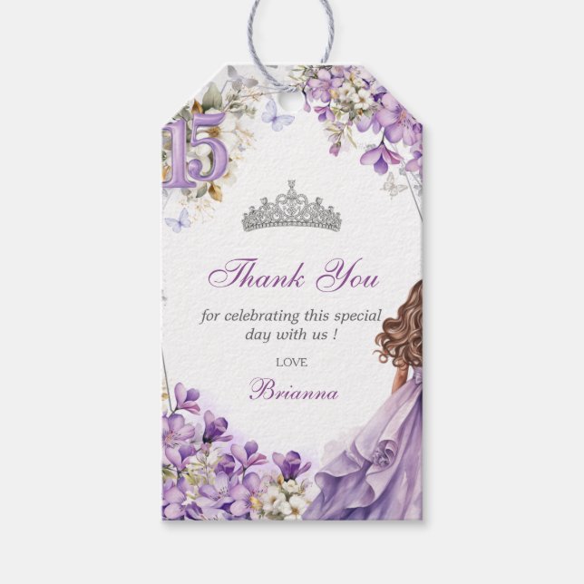 Lavendel Silver Tiara Blommig Quinceañera Tack Presentetikett (Framsidan)