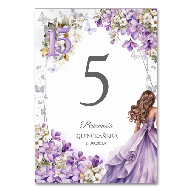 Lavendel Silver Tiara Fjäril Quinceañera  Bordsnummer (Framsidan)