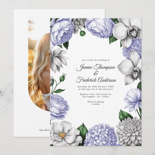 Lavendel & Silver Watercolor Blommig Bröllop Inbjudningar (Fram/baksida)