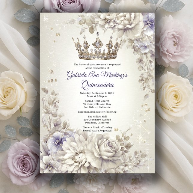 Lavendel Silverkrona Floral Quinceañera Inbjudningar (Lavender Silver Crown Floral Quinceañera Invitation
)