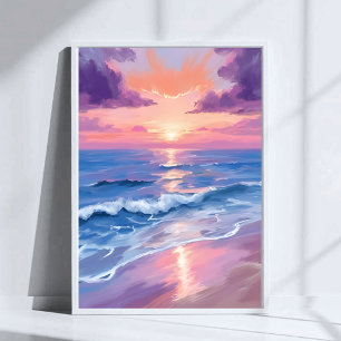 Lavendel Solnedgång Lila Strand Hav Akvarell Poster