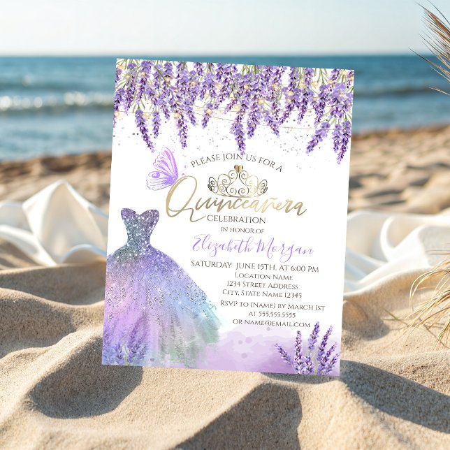 Lavendel, Strängljus, Glitterklänning Quinceanera Inbjudningar (Skapare uppladdad)
