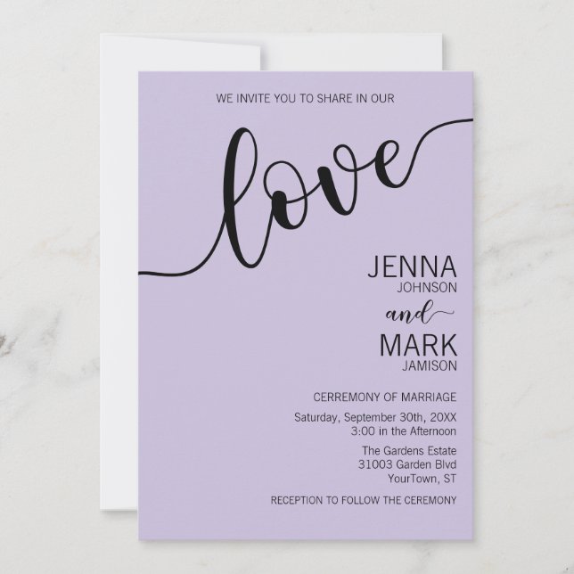 Lavendel Svart Kärlek Script Minimalistisk Bröllop Inbjudningar (Framsida)