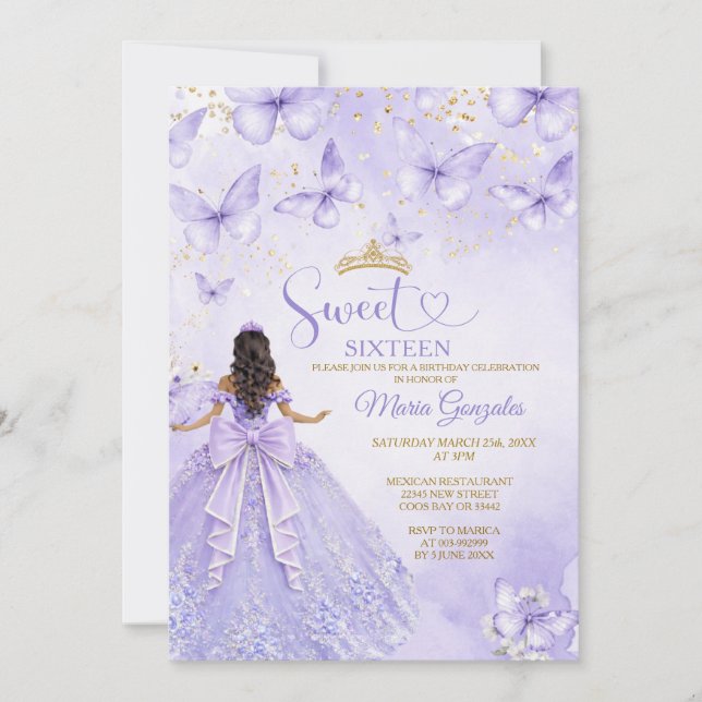 Lavendel Sweet 16-inbjudan med fjärilar Inbjudningar (Framsida)