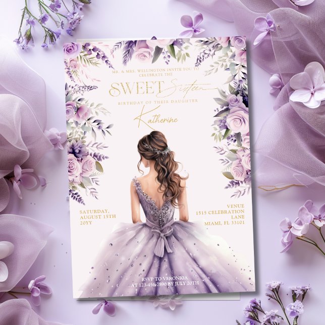 Lavendel Sweet 16 Sexton Lila Klänning Blommig Inbjudningar (Lavender Sweet 16 Sixteen Purple Dress Floral Invitation
)