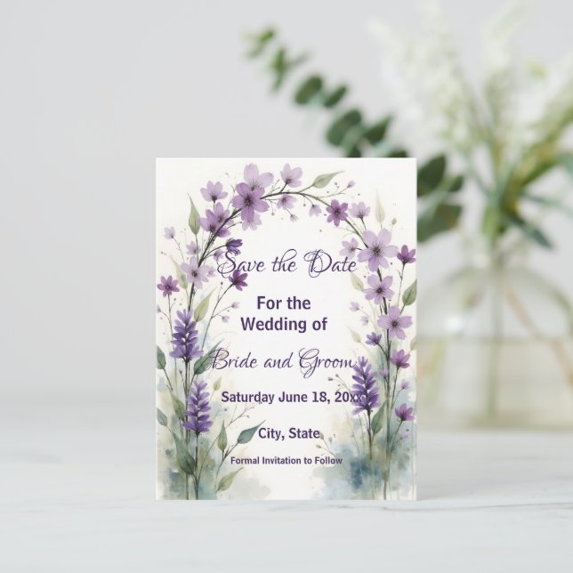 Lavendel Syren Blommig Båge Spara Datum Vykort (Stående Fram)