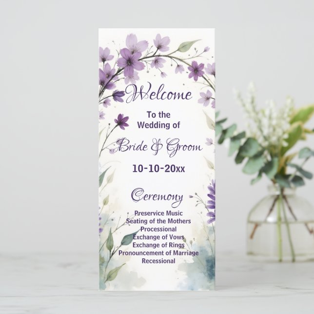 Lavendel Syren Blommig Bröllop Program (Stående Fram)