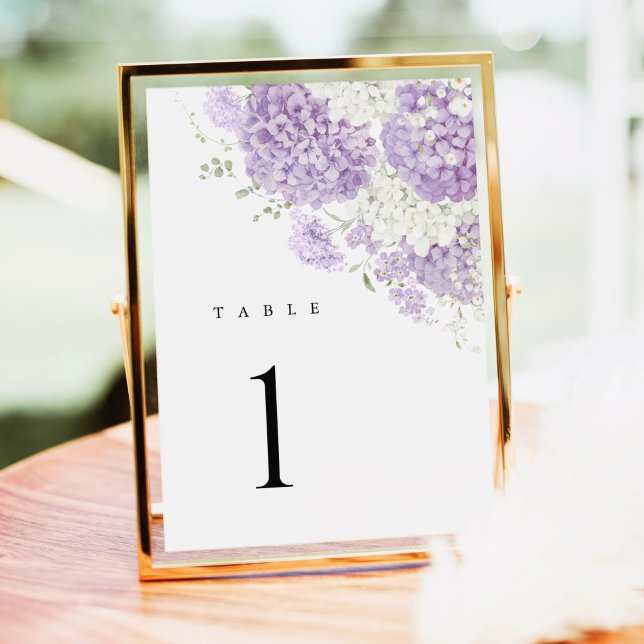 Lavendel Syren Vit Blommig Bordsnummer för Bröllop (Lavender lilac white floral hydrangea wedding table number sign, elegant watercolor table decor)