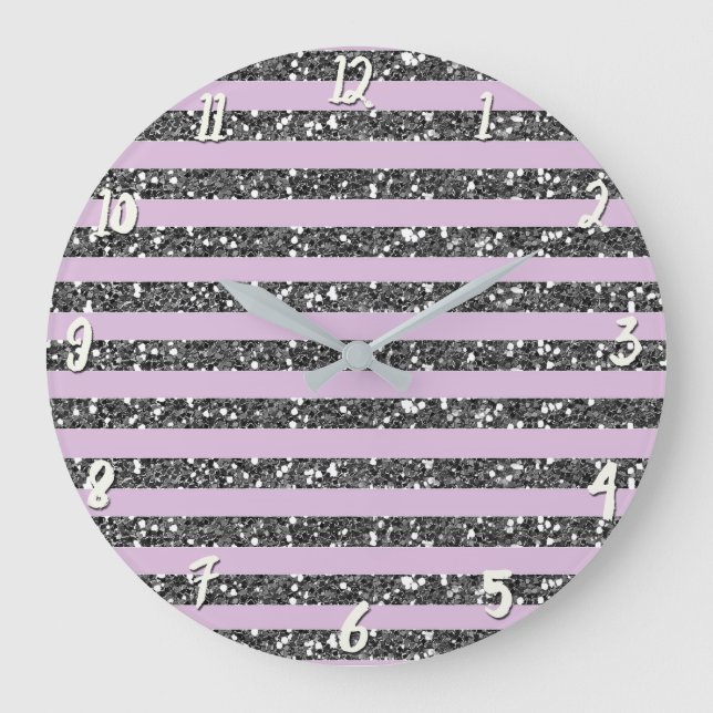 Lavendel Syrenlila Silver Glitterränder Stor Klocka (Framsida)