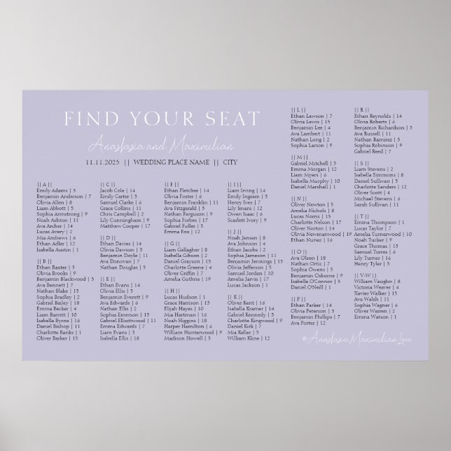Lavendel Syrlilja Bröllops Alfabetisk Sittplatssch Poster (Framsidan)