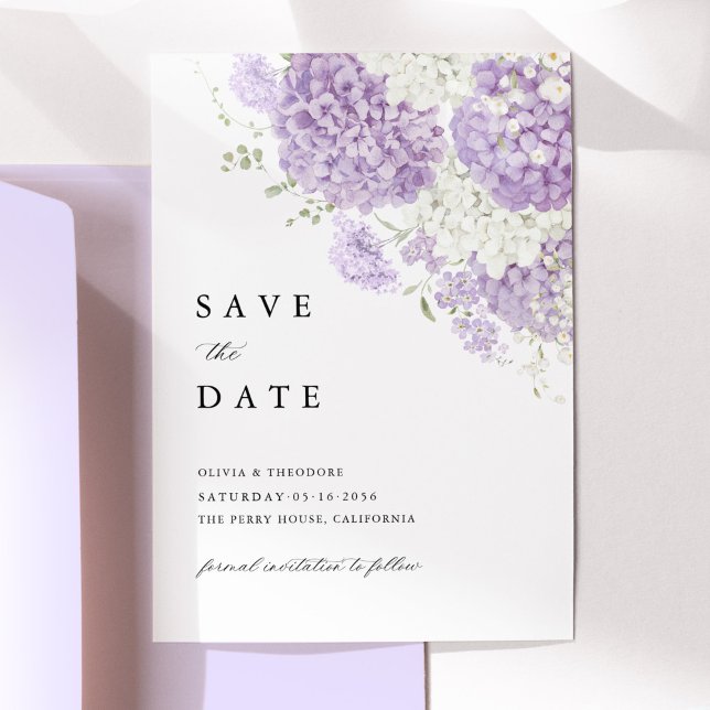 Lavendel Syrlilja Vit Blommig Bröllop Spara Datumet (Lavender white hydrangea save the date wedding card with lilac floral, elegant wedding stationery)