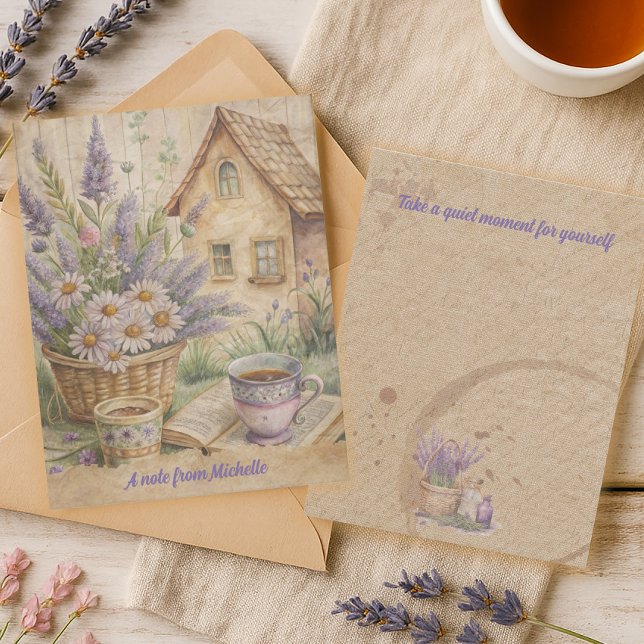 Lavendel Te Vildblommor Stuga Core  Vykort (Cottage core lavender and watercolor floral note card)