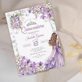 Lavendel Tiara Blommiga Fjärilar Quinceañera Inbjudningar