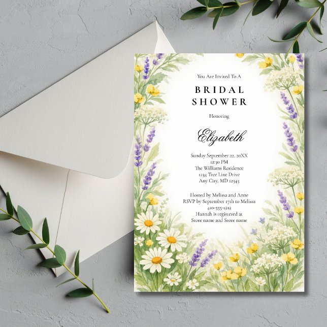 Lavendel Tusenskönor Vilda Blommor Grönska Bröllop Inbjudningar (Wildflowers ( Lavender, Daises ) Watercolor Greenery botanical Bridal Shower invitation. )