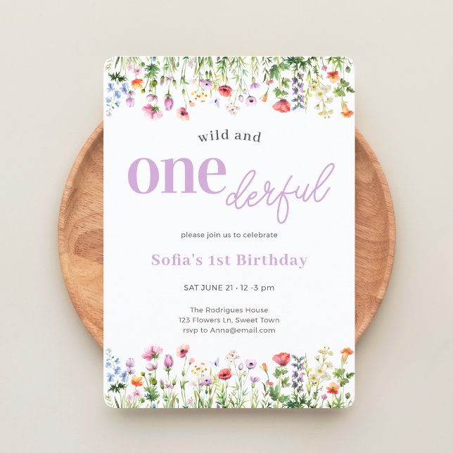 Lavendel Vild Onederful Vildblomma 1-årsfest Inbjudningar (The front of the invitation is shown at  5x7 in with round corners. Choose size + corner style.)