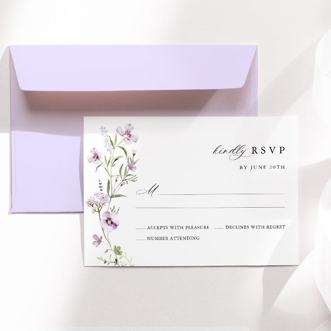Lavendel Vildblomma Bröllop RSVP-kort OSA Kort (Lavender Wildflower Wedding RSVP Card, Lilac Purple Floral Botanical Response Card)