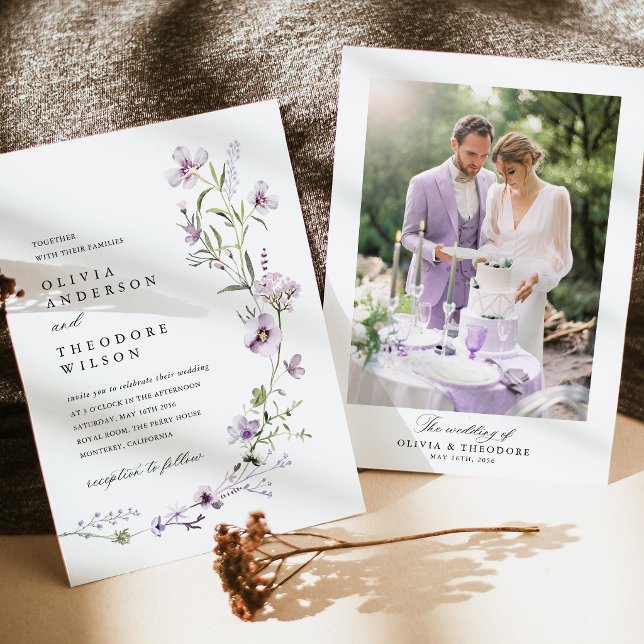 Lavendel Vildblomma Foto Bak Bröllop Inbjudningar (Lavender Wildflower Photo Back Wedding Invitation, Lilac Floral Purple Botanical Wedding Suite)