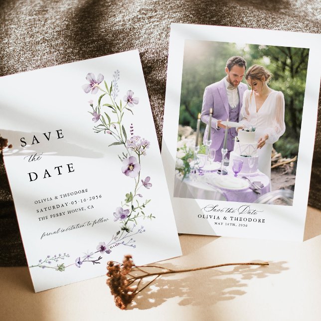 Lavendel Vildblomma Foto Bakgrund Bröllop Spara Datumet (Lavender Wildflower Photo Save the Date Card, Lilac Purple Floral Wedding Announcement Card)