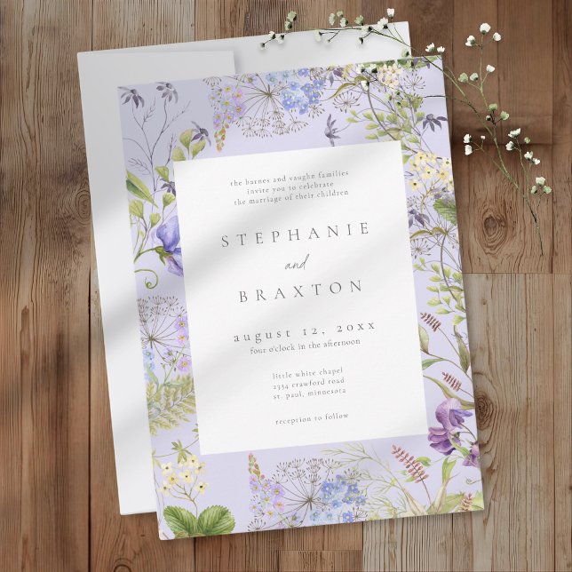Lavendel Vildblomma Trädgård Romantisk Bröllop Inbjudningar (Lavender Wildflower Garden Romantic Wedding Invitation)