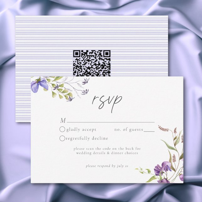 Lavendel Vildblomma Trädgård Romantisk Vit Bröllop OSA Kort (Lavender Wildflower Garden Romantic White Wedding QR Code RSVP Card)