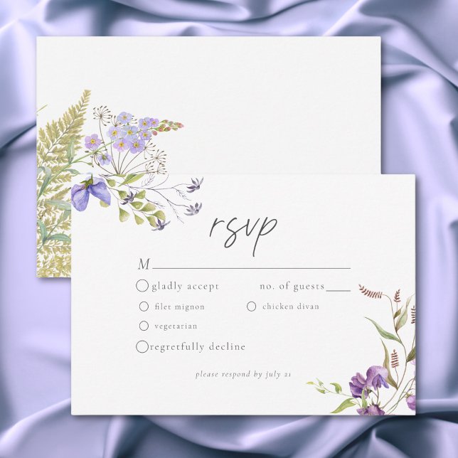 Lavendel Vildblomma Trädgård Romantisk Vit Bröllop OSA Kort (Lavender Wildflower Garden Romantic White Wedding RSVP Card)