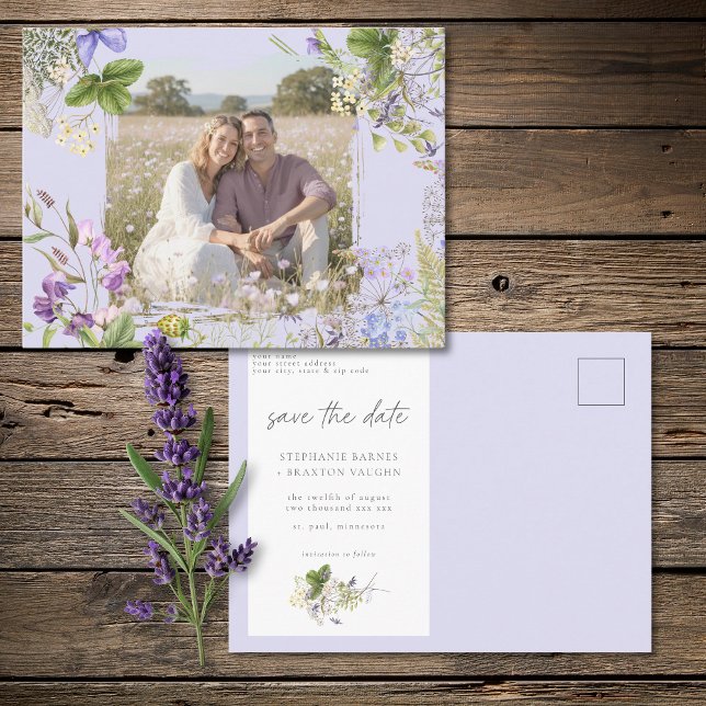 Lavendel Vildblomma Trädgård Spara Datum Foto Vykort (Lavender Wildflower Garden Save the Date Photo Postcard)