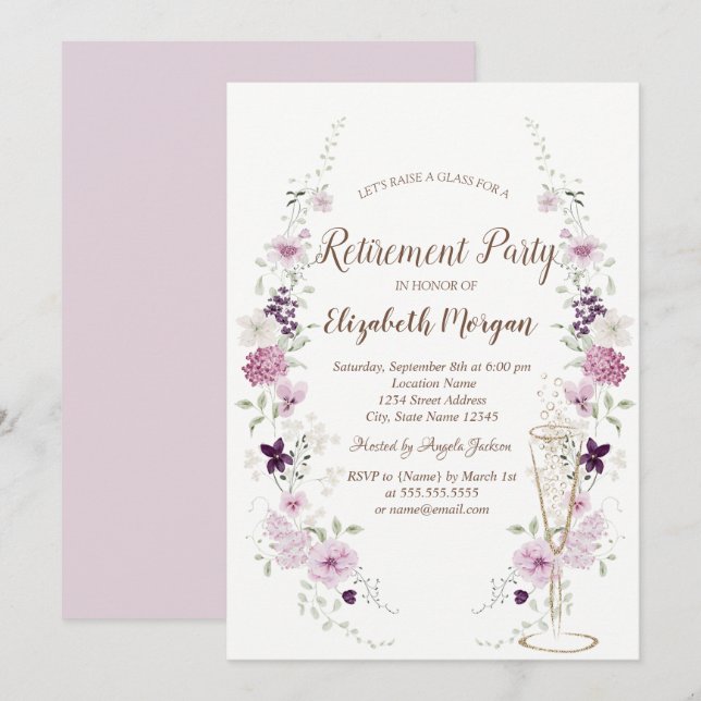Lavendel Vildblommor Champagneglas Pensionering Inbjudningar (Fram/baksida)