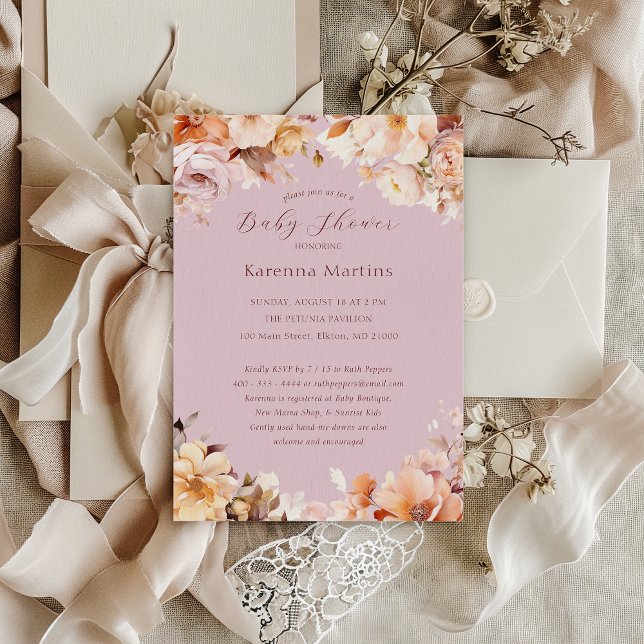 Lavendel Vintage Blommig Höst Baby Shower Inbjudningar (Skapare uppladdad)