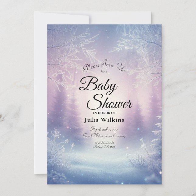 Lavendel Vinter Snöfall Serenad Baby Shower Inbjudningar (Framsida)