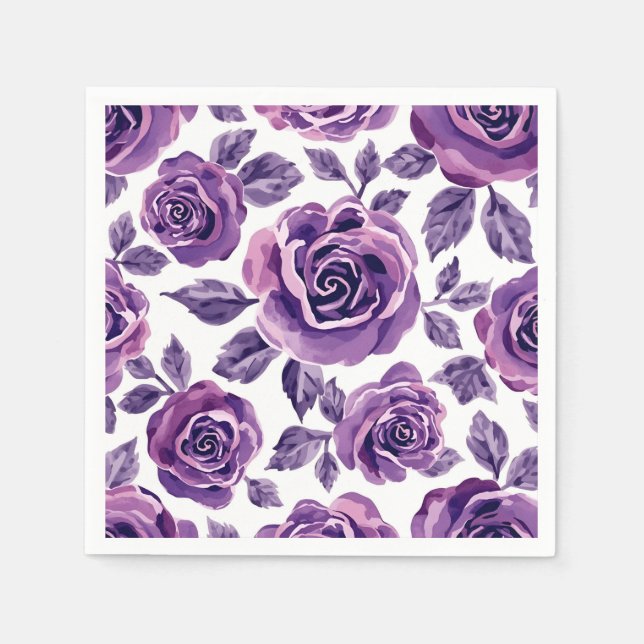 Lavendel & Violett Akvarell Ros Blommönster Pappersservett (Framsidan)