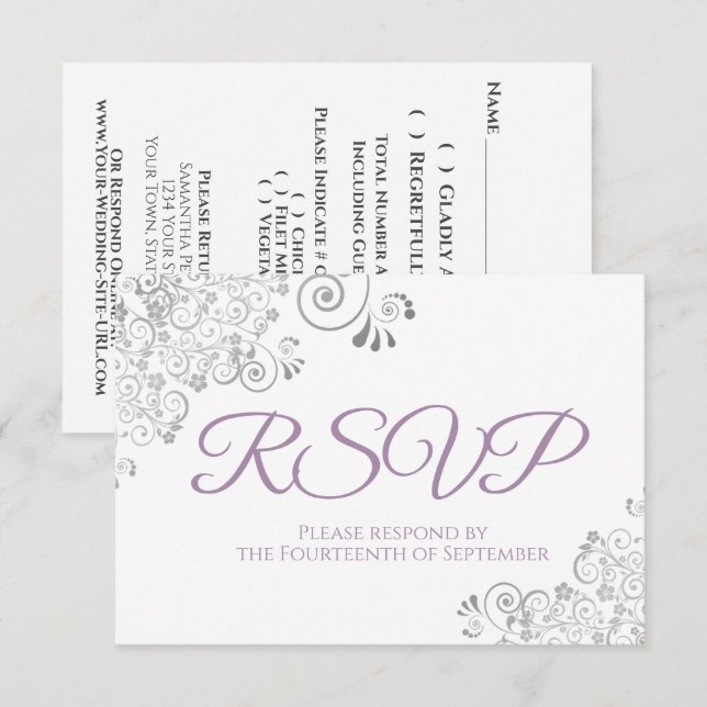 Lavendel & Vit Elegant Silver Spets Bröllop OSA Kort (Fram/baksida)