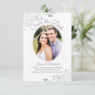 Lavendel & Vit Enkel Elegant Bröllops Oval Foto Spara Datumet