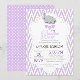 Lavendel-, vit- & gråttelefantbaby shower inbjudningar