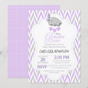 Lavendel-, vit- & gråttelefantbaby shower inbjudningar