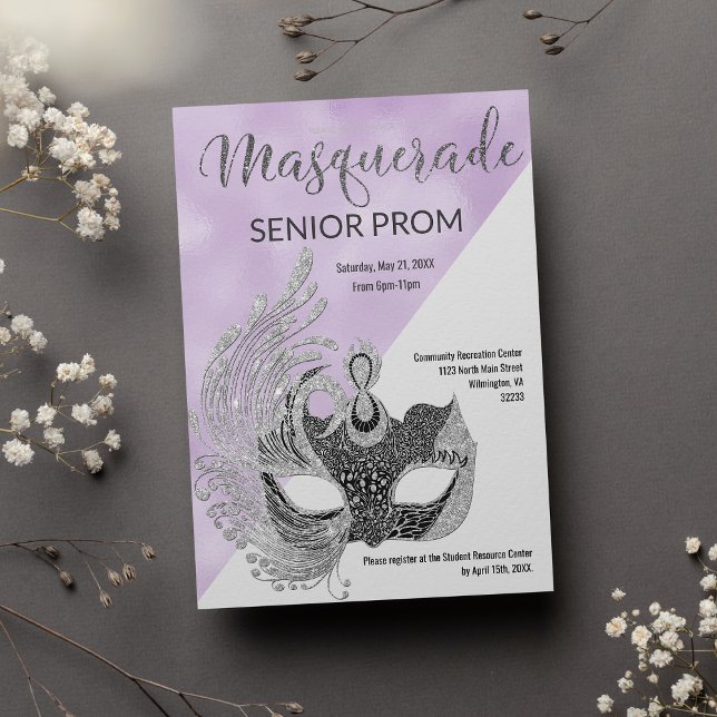 Lavendel vit silver glitter Maskerad Student  Inbjudningar (Lavender white silver glitter Masquerade Prom)