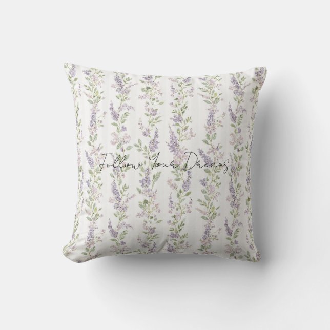 Lavendel Vita Blommiga Ränder Kudde (Framsida)