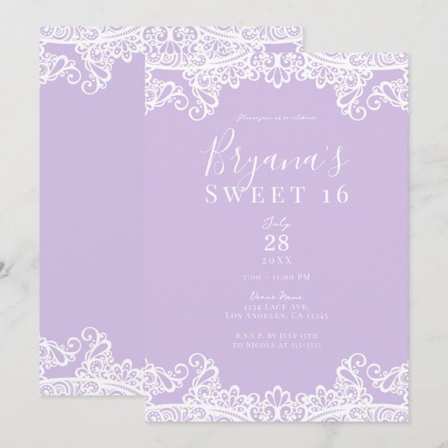 Lavendel & Vitt Spets Elegant Sweet 16-fest Inbjudningar (Fram/baksida)