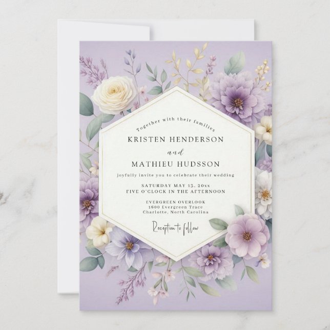 Lavendel Watercolor Blommande Bröllop Inbjudningar (Framsida)