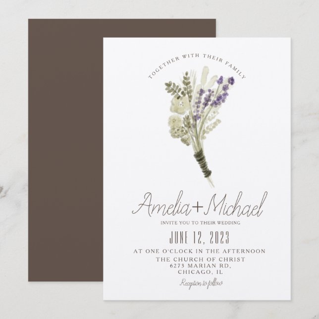 Lavendel Watercolor Miljövänlig Bouquet Bröllop Inbjudningar (Fram/baksida)
