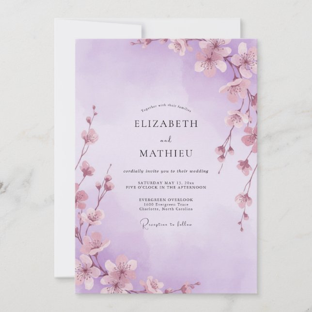 Lavendel Whimsical Sakura Bröllop Inbjudningar (Framsida)