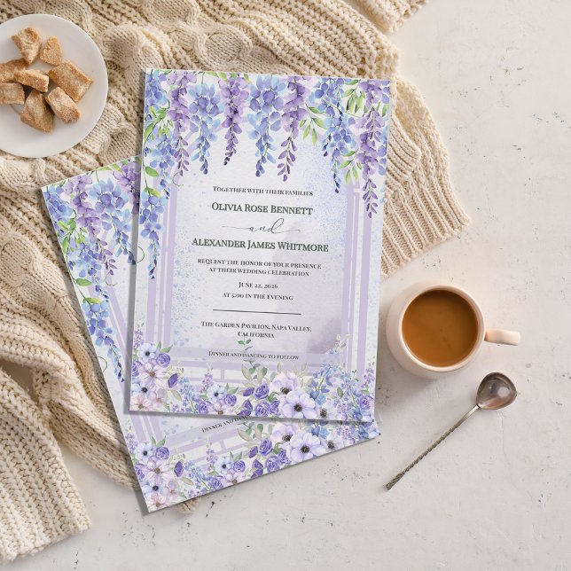 Lavendel Wisteria Blommig Båge Bröllopsinbjudan Inbjudningar (Lavender Wisteria Floral Arch Wedding Invitation | Romantic Purple Garden Wedding Invite)