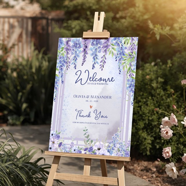 Lavendel Wisteria Blommig Valvbåge Bröllop Välkomm Poster (Lavender Wisteria Floral Arch Wedding Welcome Sign | Romantic Purple Garden Wedding Poster)