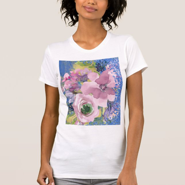 Lavendelblå akvarellblomma glitter på vit t shirt (Framsida)