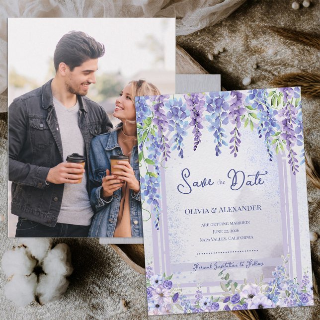 Lavendelblå Wisteria Blommig Båge Foto Spara Datum Meddelande Vykort (Lavender Wisteria Floral Arch Photo Save the Date | Romantic Purple Garden Wedding Announcement)