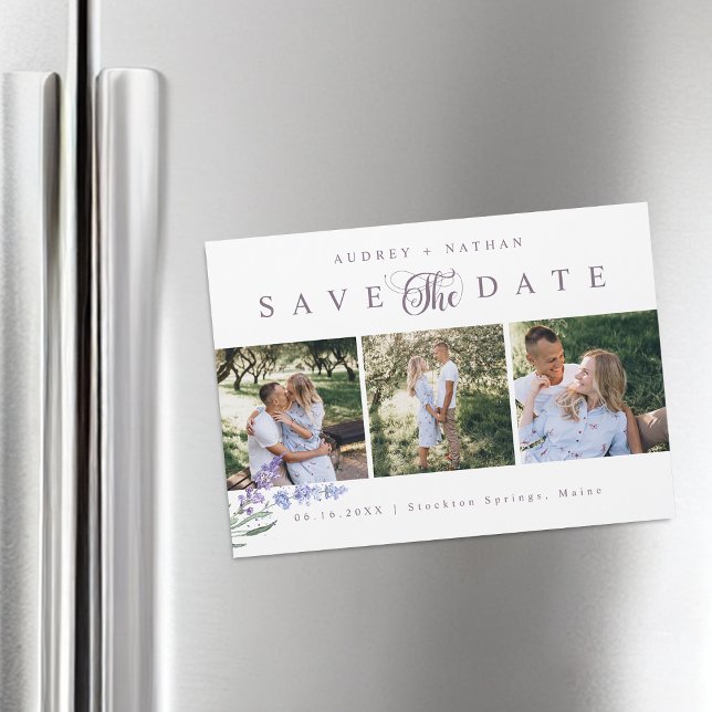 Lavendelblomma 3 Bilder Spara Datum Magnetkort (Lavender Flower 3 Photos Save The Date Magnet Card)