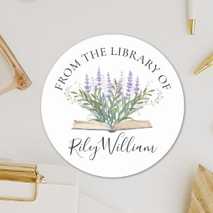Lavendelblomma växer från bok exlibris-klistermärk runt klistermärke